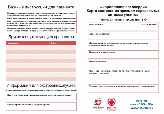 Карта контроля за приемом новых пероральных антикоагулянтов (НОАК) Карта контроля за приемом новых пероральных антикоагулянтов (НОАК)