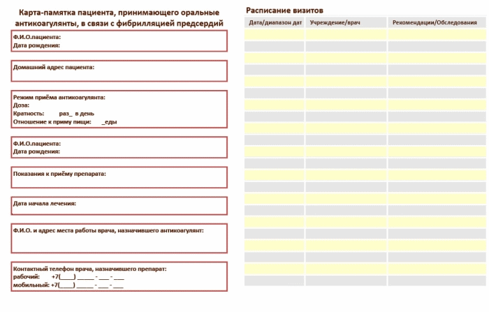 Карта-памятка пациента, принимающего оральные антикоагулянты, в связи с фибрилляцией предсердий Карта-памятка пациента, принимающего оральные антикоагулянты, в связи с фибрилляцией предсердий
